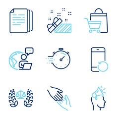 Business icons set. Included icon as Brand ambassador, Copy documents, Helping hand signs. Recovery phone, Timer, Present symbols. Justice scales, Sale bags line icons. Line icons set. Vector