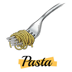 Italian pasta. Spaghetti on a fork. Vector vintage black illustration isolated on a white background. Engraving, outline, ink style, in color.