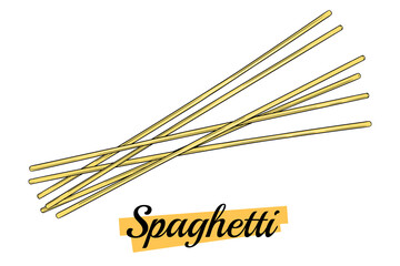 Raw spaghetti isolated on white background. Spaghetti pasta uncooked. Italian capellini pasta. Ingredient for preparing noodles. Home cooking concept. Vector illustration, engraving, , in color