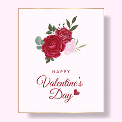 Romantic  happy valentine's day card red background and flower with hearts  premium Vector