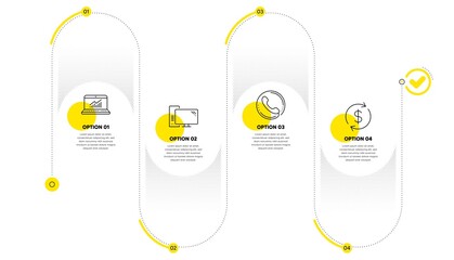 Computer, Online statistics and Call center line icons set. Timeline process infograph. Usd exchange sign. Pc component, Computer data, Phone support. Currency rate. Business set. Vector