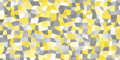 Illuminating Yellow and Ultimate Gray Random Polygonal Pattern Background. 2021 Color of the Year. Sparkling Irregular 3D Texture. Glowing Gradient Low Poly Surface. 
