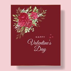 Romantic  happy valentine's day card red background and flower with hearts  premium Vector