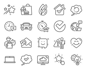 Technology icons set. Included icon as Smile, Hypoallergenic tested, Recovery data signs. Ranking star, Cloud storage, Vip timer symbols. Approved, Smile face, Verify. Car, Time, Idea gear. Vector