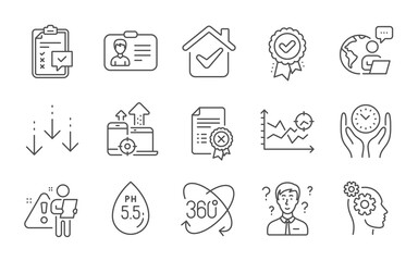 Ph neutral, Seo devices and Support consultant line icons set. Thoughts, Identification card and Safe time signs. Checklist, Reject certificate and Approved award symbols. Line icons set. Vector