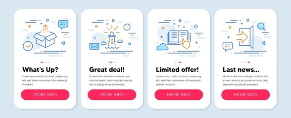 Set of Industrial icons, such as Lighthouse, Technical documentation, Send box symbols. Mobile screen mockup banners. Exit line icons. Navigation beacon, Manual, Delivery package. Escape. Vector