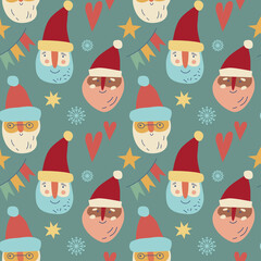 Seamless pattern with a Christmas theme. Pastel trending colors. Santa's head, star, snowflake and garland. Notebook cover, wrapping paper printing, fabric printing.