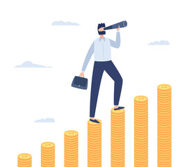 Businessman with spyglass goes up the stacks of gold coins a vector illustration