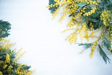 spring mimosa flower branches on white background. Image with soft selected focus. Spring, 8th of march, easter greetings card