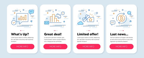 Set of Finance icons, such as Decreasing graph, Loyalty gift, Analytical chat symbols. Mobile screen banners. Refresh bitcoin line icons. Column chart, Bonus award, Communication speech bubble. Vector