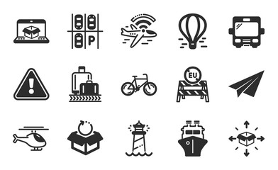 Bicycle, Airplane wifi and Ship icons simple set. Eu close borders, Parking place and Parcel delivery signs. Online delivery, Air balloon and Helicopter symbols. Flat icons set. Vector