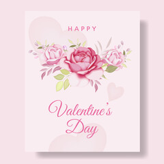 Romantic happy valentine's day card background with hearts and flowers premium Vector 
