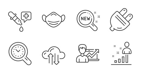 New products, Stats and Medical mask line icons set. Electric plug, Cloud sync and Chemistry pipette signs. Success business, Time management symbols. Search, Business analysis, Respirator. Vector