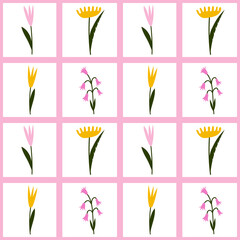 Fototapeta na wymiar Vector seamless pattern. Light spring pattern with flowers. Checkered pattern. Delicate pink and Sunny yellow colors. Pattern for textiles, wrapping paper, printed products and more.
