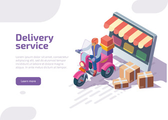 Delivery service isometric landing page. ourier on motorcycle delivers boxes, postal parcels, purchases from e-commerce website. Online application for courier driver service, 3d vector web banner.