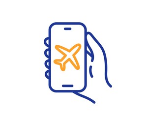 Flight mode line icon. Hand hold phone sign. Cellphone with app screen notification symbol. Quality design element. Line style flight mode icon. Editable stroke. Vector