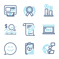 Business icons set. Included icon as Smile chat, Winner ribbon, Atm signs. Sale, Feather, Report symbols. Ab testing, Check investment line icons. Happy face, Best award. Line icons set. Vector