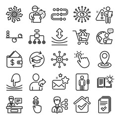 Artificial intelligence, Balance, Refer friend line icons. Continuing education, Methodology and Exhibitors icons. Swipe up, Elastic, Click here, Refer. Cross sell, Third party, Multichannel. Vector