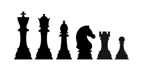 Chess pieces silhouette vector icon set isolated on white background. Black chess figures king, queen, bishop, knight, rook, pawn game disign elements. Flat design simple clip art illustration