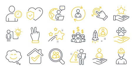 Set of People icons, such as Foreman, Search employees, Smile chat symbols. Loyalty program, Victory hand, Pets care signs. Salary employees, Recruitment, Person info. Touchscreen gesture. Vector