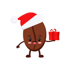 Chistmas coffee bean with gift in red Santa Claus hat icon isolated on background. Coffee  holiday character funny roast seed with present. Flat design cartoon vector winter xmas cafe design element.