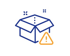 Delivery warning line icon. Package box alert sign. Caution parcel symbol. Quality design element. Line style delivery warning icon. Editable stroke. Vector