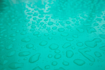 Close up Water droplets on green background.