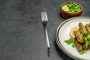 bottom view stuffed grape leaves on white plate a bowl of parsley a fork on dark background with free space