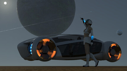 3D illustration. Fantasies. Girl and flying car 001