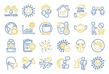 Coronavirus line icons. Medical mask, washing hands hygiene, protective glasses. Stay home, hands sanitizer, coronavirus epidemic mask icons. Covid-19 virus pandemic, no vaccine, toilet paper. Vector