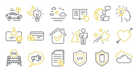 Set of Business icons, such as Smartphone protection, Payment method, Travel sea symbols. Eco energy, Love, Car parking signs. Megaphone, Idea, Certificate. Usa close borders line icons. Vector