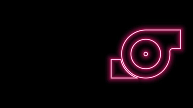 Glowing neon line Automotive turbocharger icon isolated on black background. Vehicle performance turbo. Turbo compressor induction. 4K Video motion graphic animation