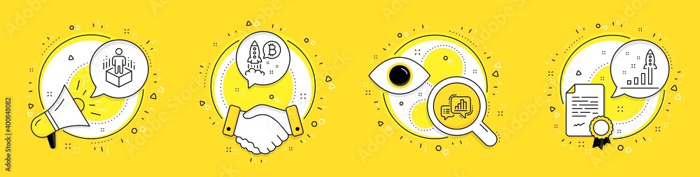 Poster bitcoin project, augmented reality and graph chart line icons set. megaphone, licence and deal vecto