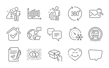 360 degrees, Dots message and Freezing timer line icons set. Approved agreement, Metro subway and Artificial intelligence signs. Smile face, Chat message and Employee symbols. Line icons set. Vector