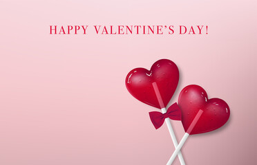 Valentines day, Love concept. Valentines card and red hearts. Two red lollipops heart shape. 3D illustration