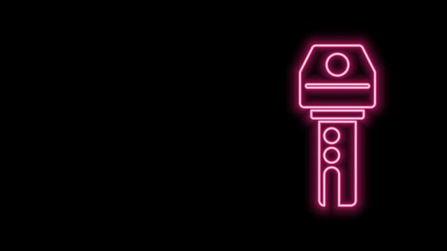 Glowing neon line Car key with remote icon isolated on black background. Car key and alarm system. 4K Video motion graphic animation