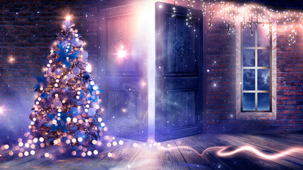 New Year tree with toys in the interior, open doors, magic light, old brick wall. Festive fabulous interior with garlands and lights. background for postcards. 