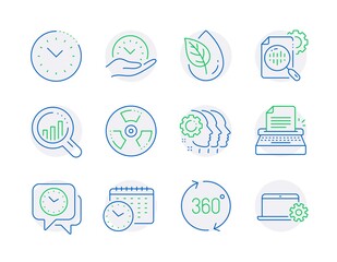 Science icons set. Included icon as Employees teamwork, Organic product, Seo analysis signs. 360 degrees, Safe time, Seo stats symbols. Calendar time, Typewriter, Chemical hazard. Clock. Vector
