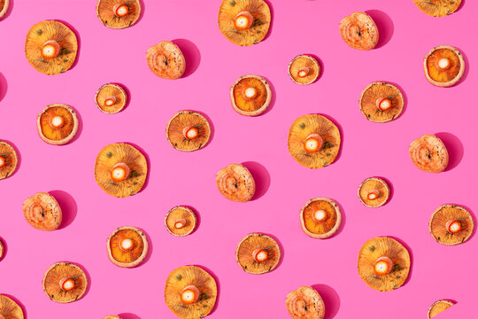 Mushrooms arranged on pink background