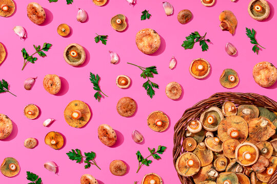 Large group of mushrooms, parsley and garlic on pink background