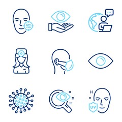 Medical icons set. Included icon as Uv protection, Medical mask, Coronavirus signs. Eye, Vision test, Oculist doctor symbols. Health eye, Problem skin line icons. Ultraviolet, Respirator. Vector