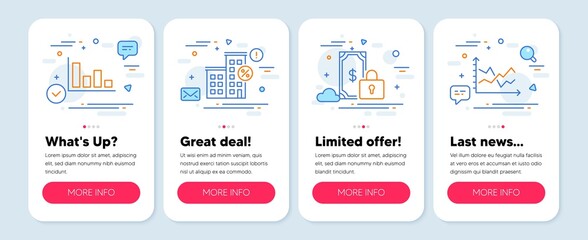 Set of Finance icons, such as Histogram, Loan house, Private payment symbols. Mobile screen app banners. Diagram chart line icons. Economic trend, Discount percent, Secure finance. Vector