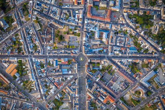 France, Aisne, Saint-Quentin, Aerial view of interconnected city streets with traffic circle in middle