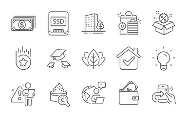 Fototapeta na wymiar Wallet, Light bulb and Ssd line icons set. Seo shopping, Loyalty star and Organic tested signs. Collagen skin, Buildings and Throw hats symbols. Sale, Share call and Payment. Line icons set. Vector