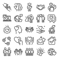 Friendship and love line icons. Interaction, Mutual understanding and assistance business. Trust handshake, social responsibility, mutual love icons. Trust friends, partnership. Line icon set. Vector