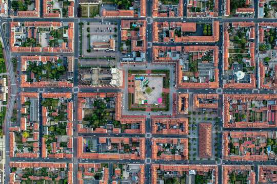 France, Marne, Chalons-en-Champagne, Aerial view of residential city district with town square in middle