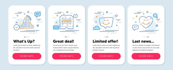 Set of Holidays icons, such as Winner ticket, Smile chat, Roller coaster symbols. Mobile app mockup banners. Smile face line icons. Carousels award, Happy face, Attraction park. Love heart. Vector