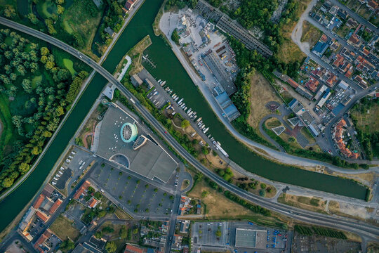 France, Aisne, Saint-Quentin, Aerial view of Canal de Saint-Quentin