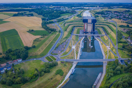 Belgium, Hainaut Province, Aerial view of Canal du Centre and Strepy-Thieu boat lift