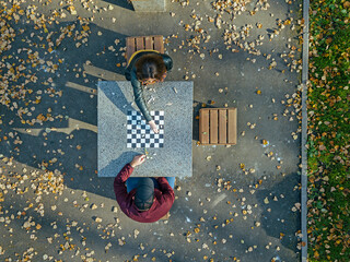 Couple playing chess at table in park during autumn